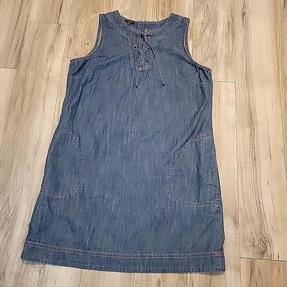 Talbots Denim Lace Up Boho Sleeveless Shift Dress with Pockets Size 14